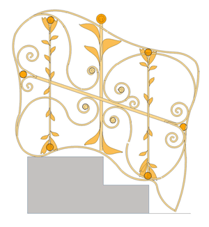 Yellow and grey drawing of fireplace tools. Clicking leads to a products gallery.